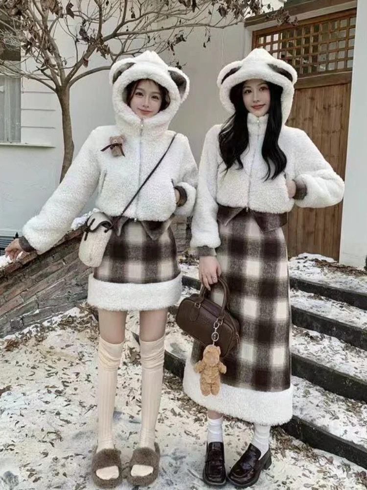 2023 Winter Sweet 2 Piece Skirt Set Women Casual Kawaii Hooded Cardigan + Y2k Vintage Plaid Skirt Korean Fashion Skirt Suit Chic