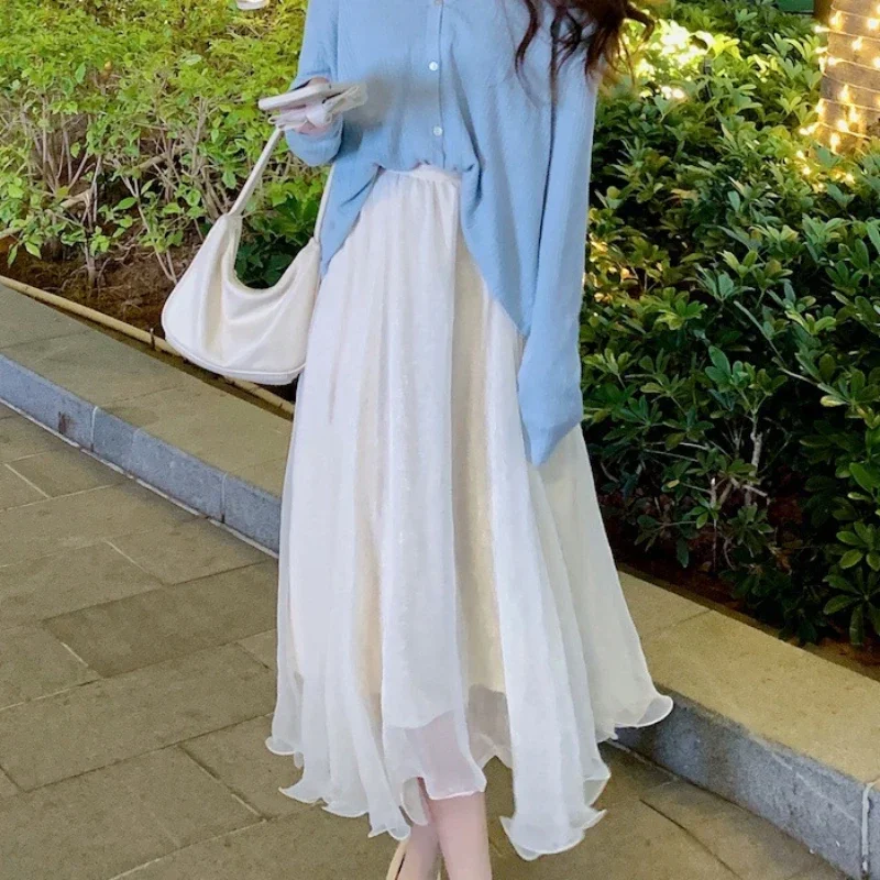 

Midi Skirts Women A-line High Waist Fairycore Mesh Irregular Gentle Stylish Harajuku Chic All-match Girlish Elegant Summer Mujer