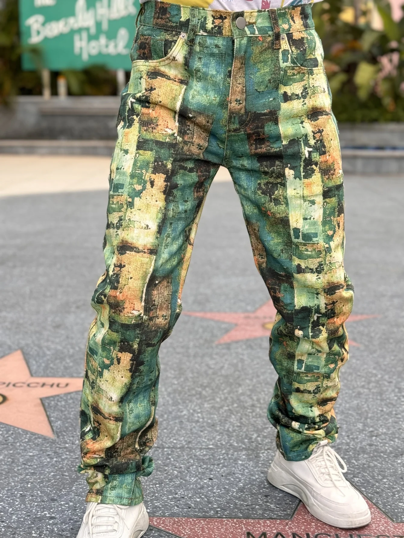

Y2K Men's Denim Jean Patchwork Collection - Fashionable Trendy Street Hip-Hop Style Regular Fit Green Cotton Blend