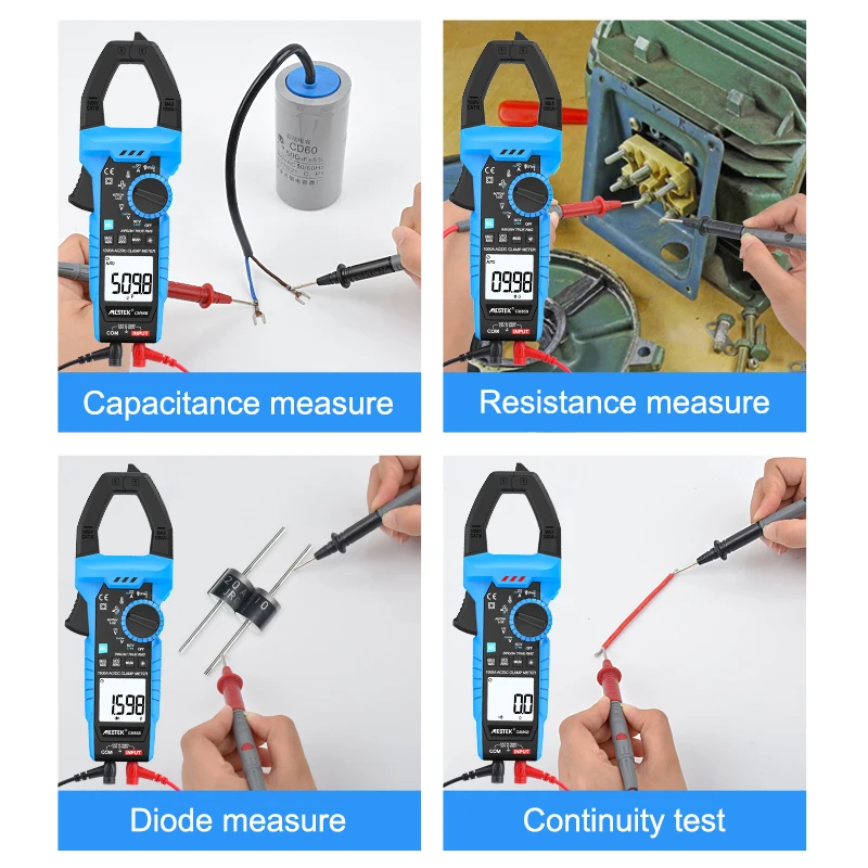 Mestek Auto Range Digital Clamp Meter AC DC 1000A Inrush Multimeter NCV Capacitance Temperature VFD Frequency Measure Data Hold