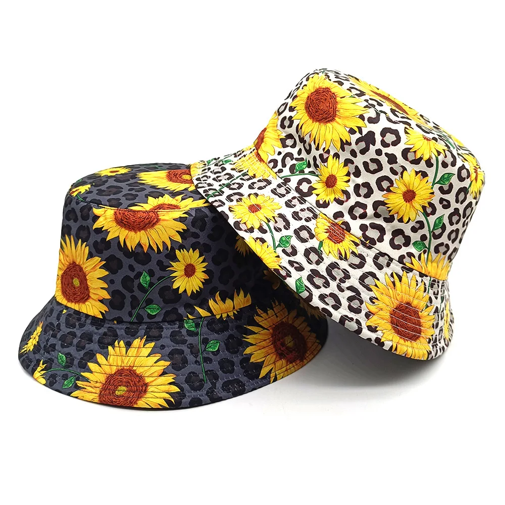 Women's Leopard Print Sunflower Flower Print Sun Protection Wide Brim Hat Double-sided Fashion Hat Leopard Print Fisherman Hat