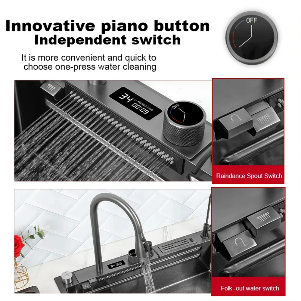 Left Drainage Kitchen Sink Single Bowl Kitchen Sinks Flying Rain Digital Display Waterfall Sink With Pull Down Sprayhead Faucet