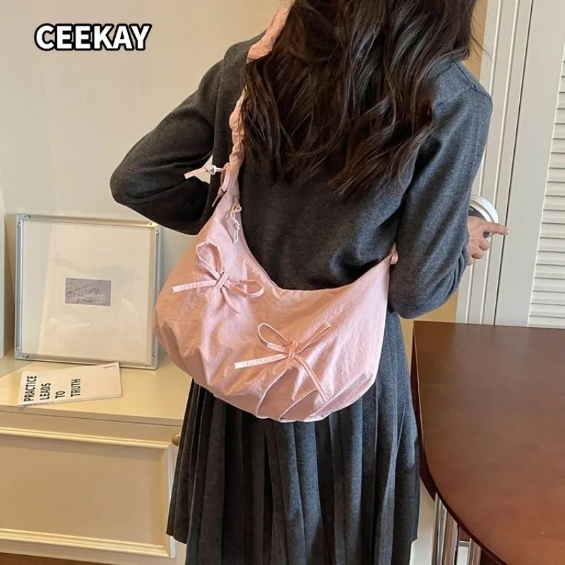 CEEKAY Bolso Hobo para mujer, color rosa empolvado, tela suave, bolso de hombro grande, detalle de lazo, para el día a día, informal, Y2K, estilo coquette