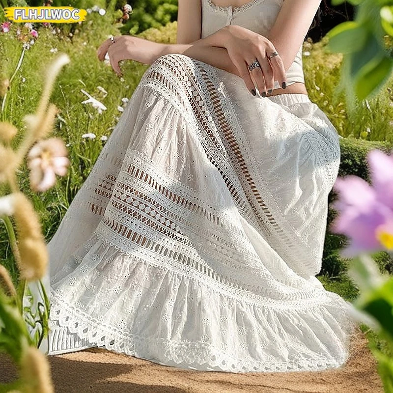 Hollow Out Lace Skirt 2025 Y2K Design Date Girl Women Cute Japan Chic Korea FLHJLWOC Elastic High Waist Ruffles Long Maxi Skirts