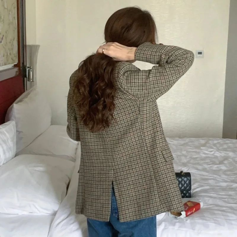 Women's Autumn and Winter Casual Blazer Jacket Retro Houndstooth Lapel Single-breasted Wool Coat Top