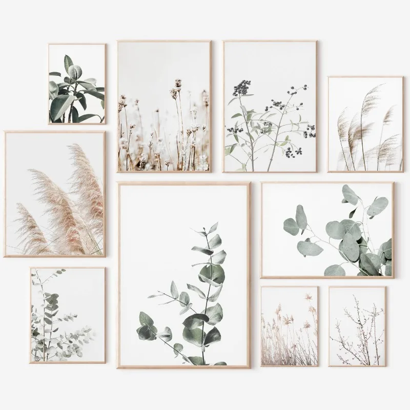(Pintura en lienzo 2D) Impresión moderna de arte de pared con motivos botánicos de granja, ramas de eucalipto y olivo, hojas de palma, fotografía de naturaleza neutra
