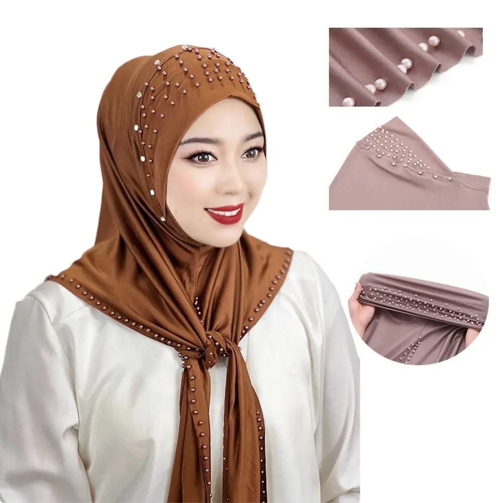 Islamic Beaded Muslim Hijab Solid Color Elastic Arabic Hijab Hats Soft Veil Turkish Head Wrap Scarf Woman