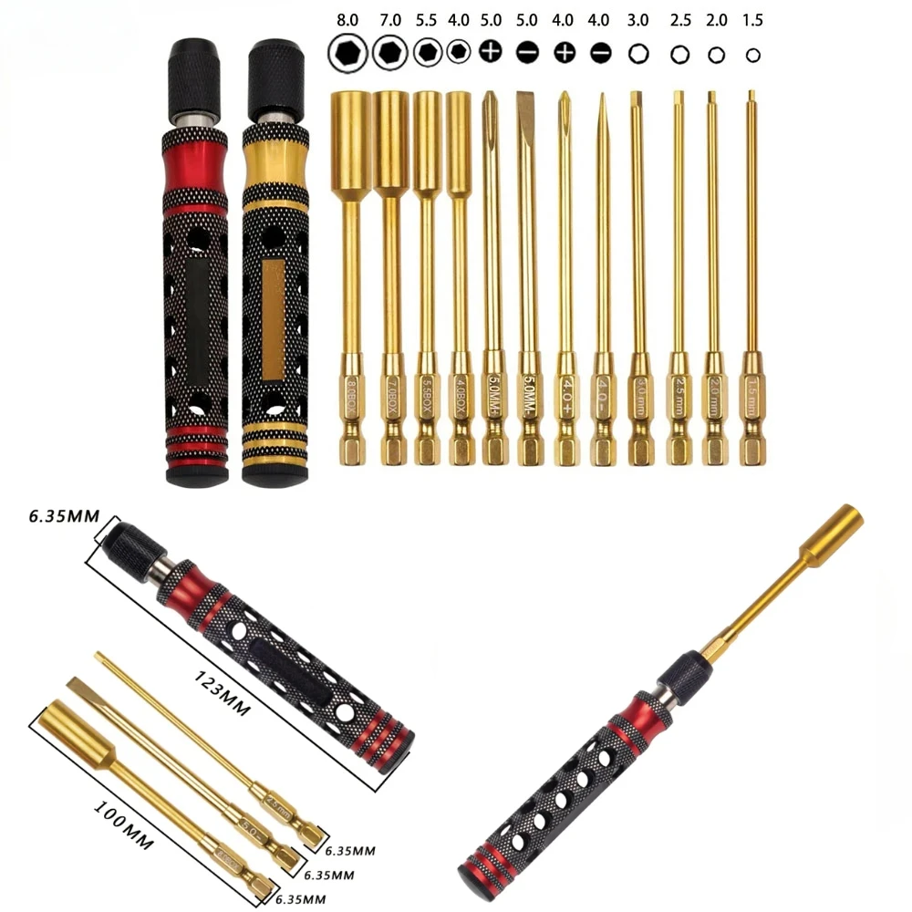 12 in 1 Zeskantschroevendraaier 1.5 2.0 2.5 3.0mm 6.35mm Quick Change Inbussleutel Inbussleutel Gereedschap voor 1/8 1/10 RC Auto SCX10 TRX