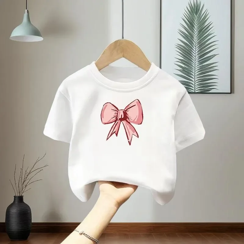 Sweet Girls T Shirt Simple Hand Drawn Pink Bow Ribbon Graphic Short Sleeve Casual Daily Outfit T-Shirts