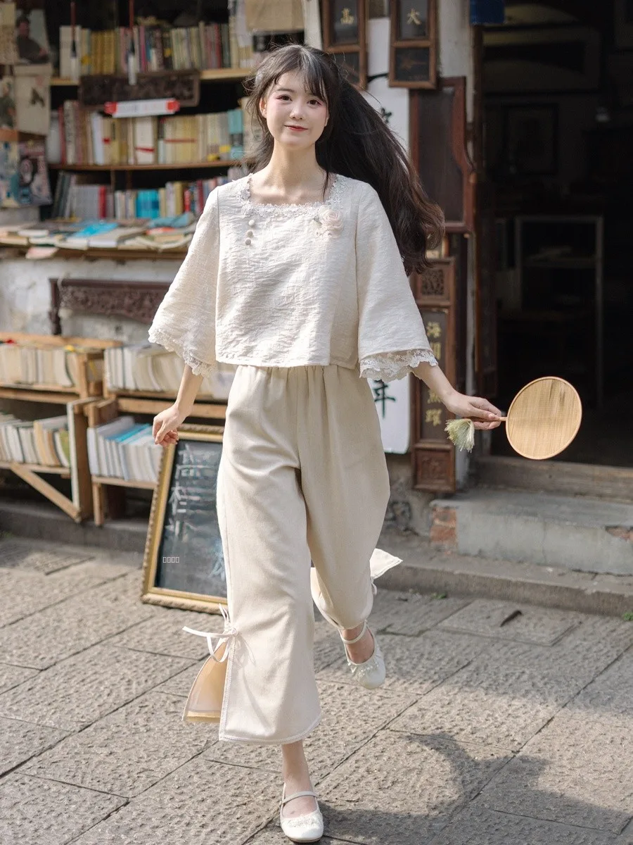 

Костюм-двойка Chuan Dai Time: топ с воротником и широкие брюки, женский, модный, осенняя коллекция, из смесового хлопка