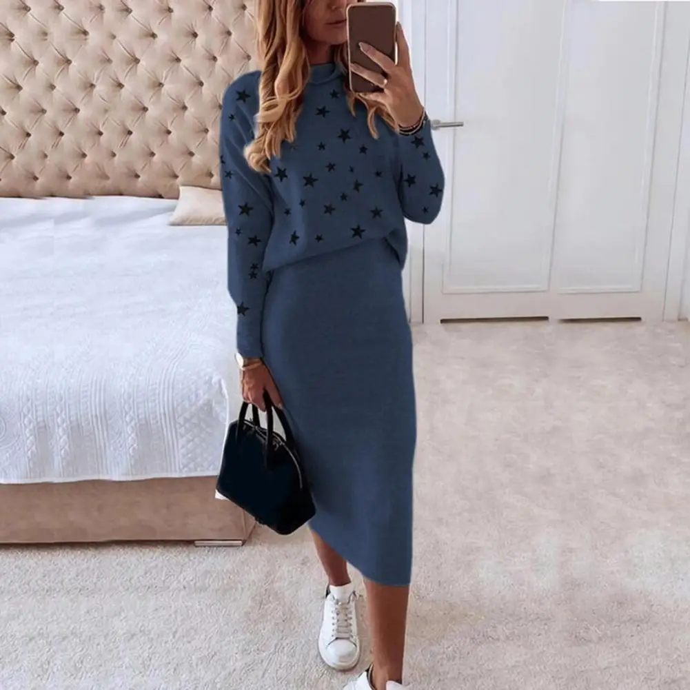 1 Set Blouse Skirt Five-pointed Star Print High Waist Autumn Winter Bodycon Pencil Skirt Suit Office Lady Outfit Streetwear