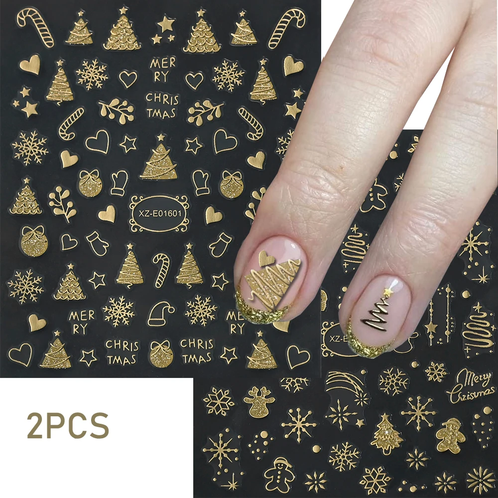 2pcs 3D Christmas Nail Stickers Bronzing Snowflake Line Xmas Tree Elk Heart Stars Adhesive Nail Decals DIY Xmas Manicure Sliders