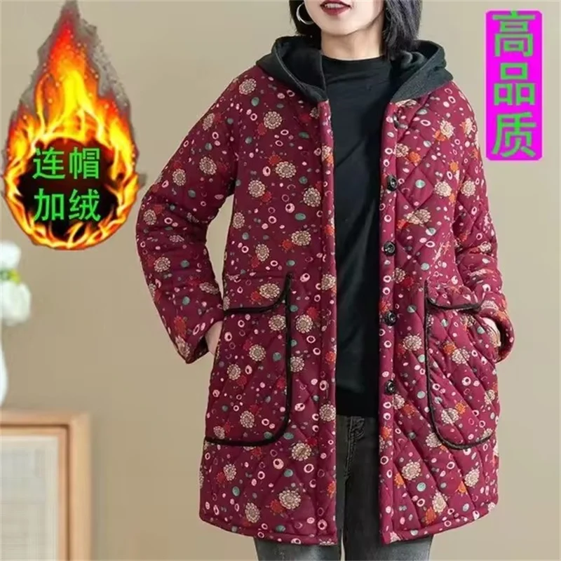 Winter Velvet Cotton-Padded Clothes Middle-Aged Elderly Jacket Women Hooded Med Long Thicken Keep Warm Cotton Overcoat Female