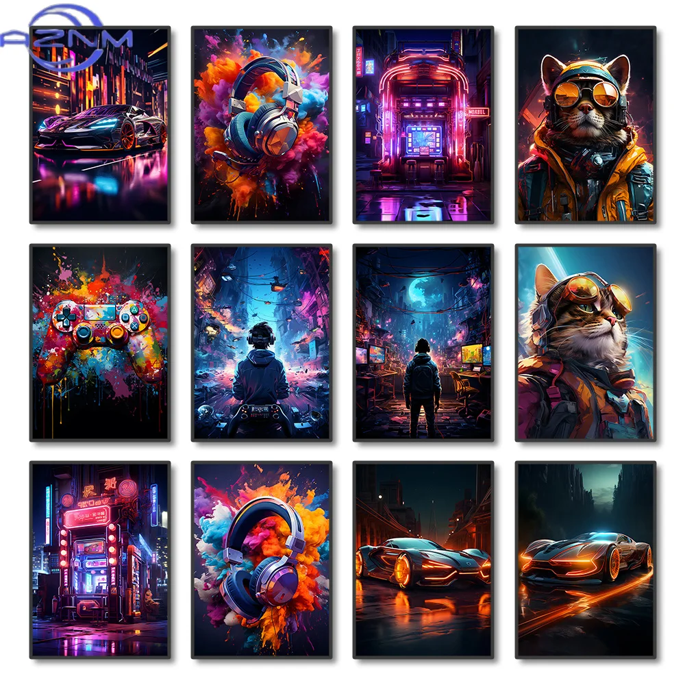 80s 90s Colorful Neon Cyberpunk Wall Art Poster Prints Game Controller Earphones Canvas Painting Picture for Room Home Decor
