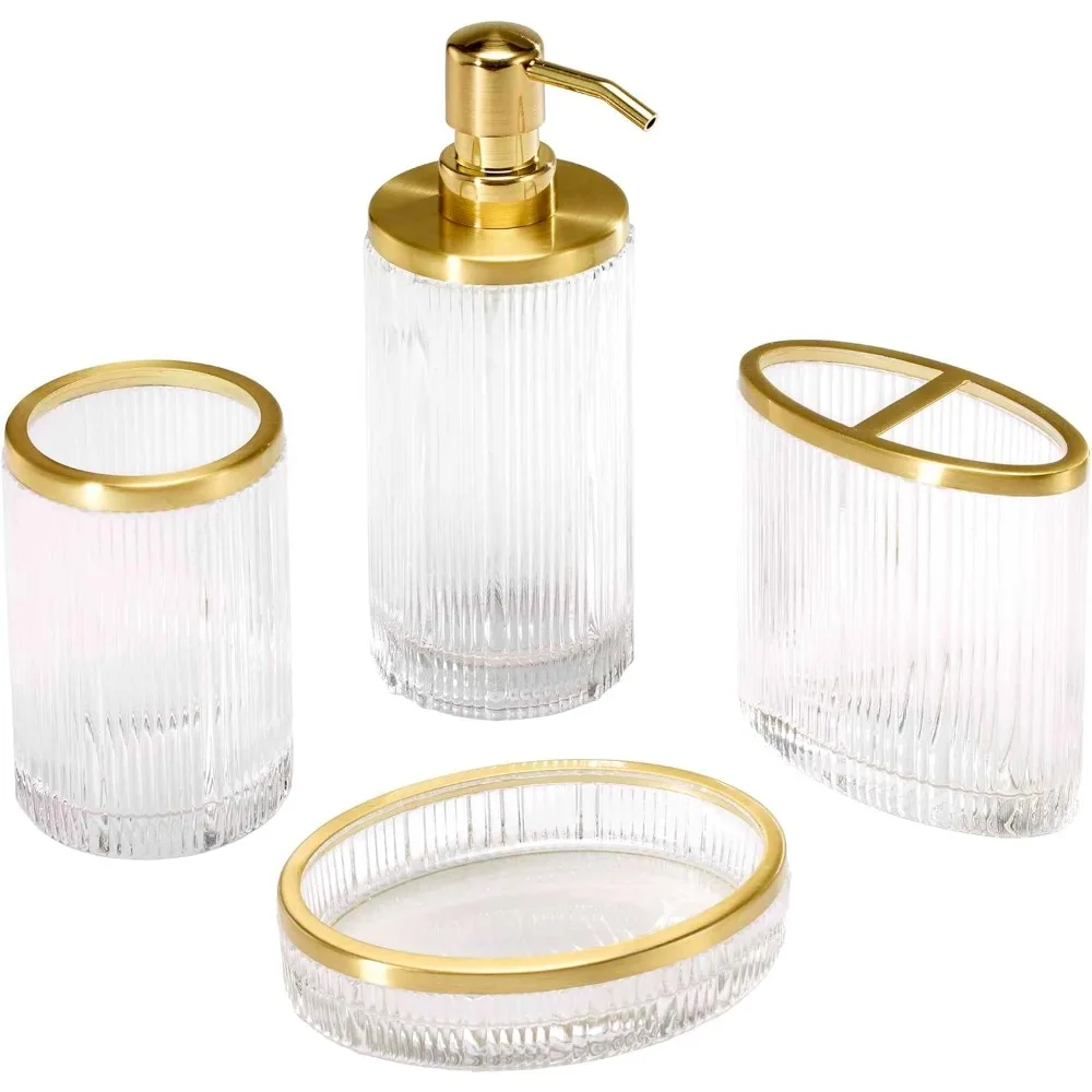 

Glass Cosmetic Organizer Set 4 Piece Countertop Accessories for Bathroom Vanity Dorm Room Essentials