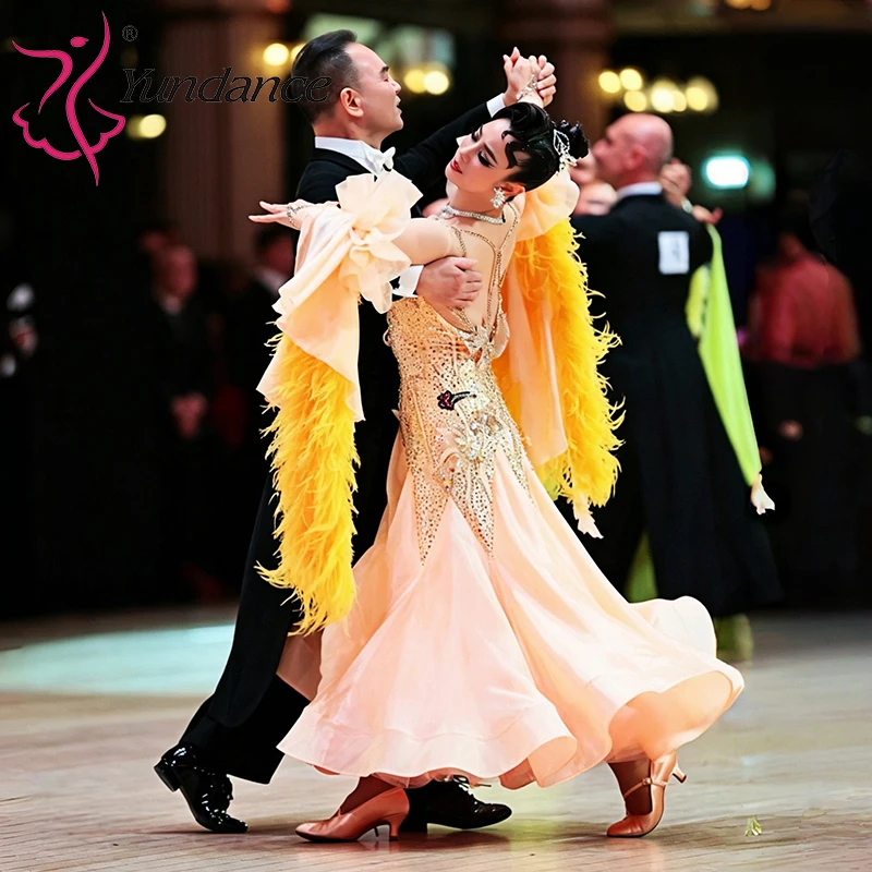 B-26065 Women's Champagne Satin Chiffon Ballroom Competition Dress with Ostrich Feather Floats Modern Standard Stage Wear