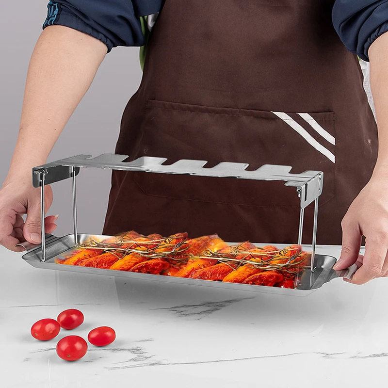 Rak kaki ayam 12 slot baja tahan karat rak sayap ayam dengan nampan tetes rak stik drum ayam lipat untuk piknik BBQ luar ruangan