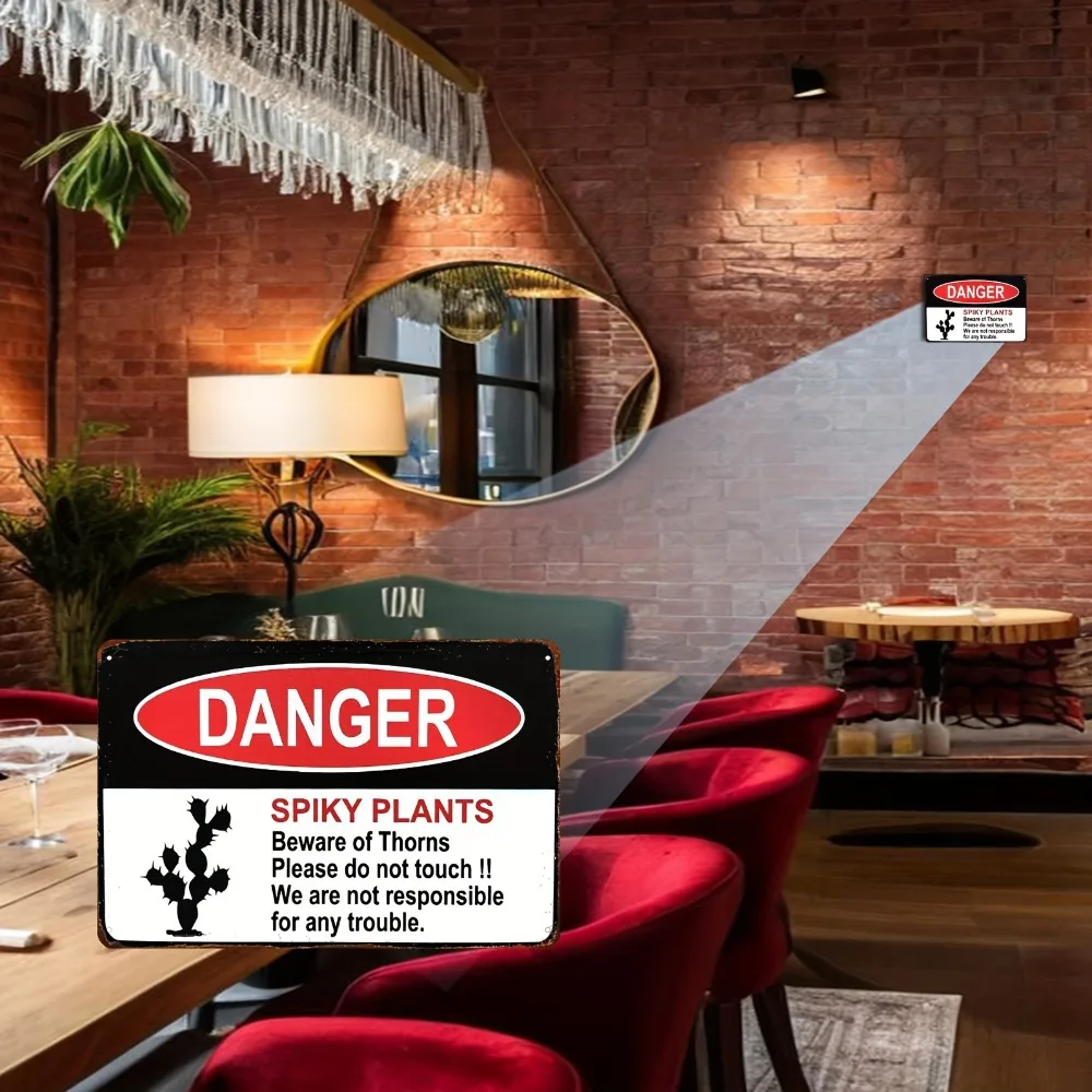 2D Flat Aluminum Metal Cactus Danger Sign, Spiky Plant Warning Decor for Outdoor Yard Garden, Heavy-Duty 8x12 Inch Plate with Re
