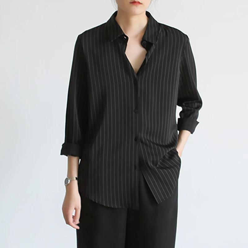 Preto damasco branco manga comprida camisas listradas moda feminina senhora do escritório camisa formal coreano solto blusas casuais femininas topos