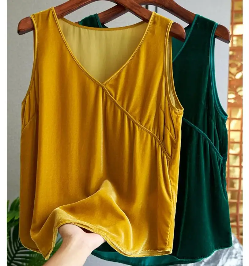 Women vest 2026 Summer Vintage velour tank tops blusa feminina elegante Female Vnexk Velvet vests Black purple blue pink blouses