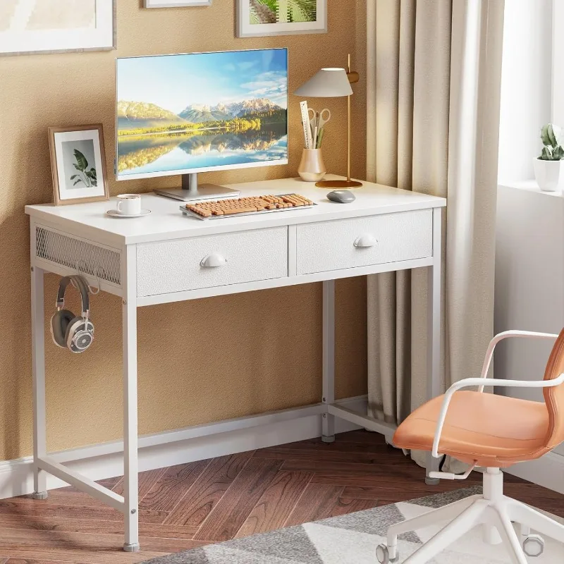 White Small Computer Desk with 2 Fabric Drawers, 36 Inch Simple Home Office Writing Desk, Vanity Desk with Hooks, Study Desk