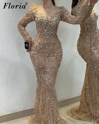 Champagne Sequined Prom Dresses Mermaid Long Sleeves Evening Party Gowns With Pearls Vestidos De Noche Cocktail Dresses