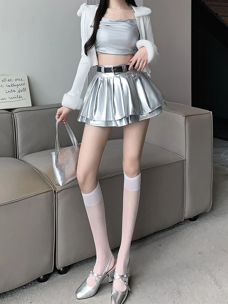 Women's A-line Silver Skirt Vintage 90s Aesthetic Y2k Mini Pleated Skirt Harajuku Punk Mini Skirt 2000s Cutecore Clothes Summer