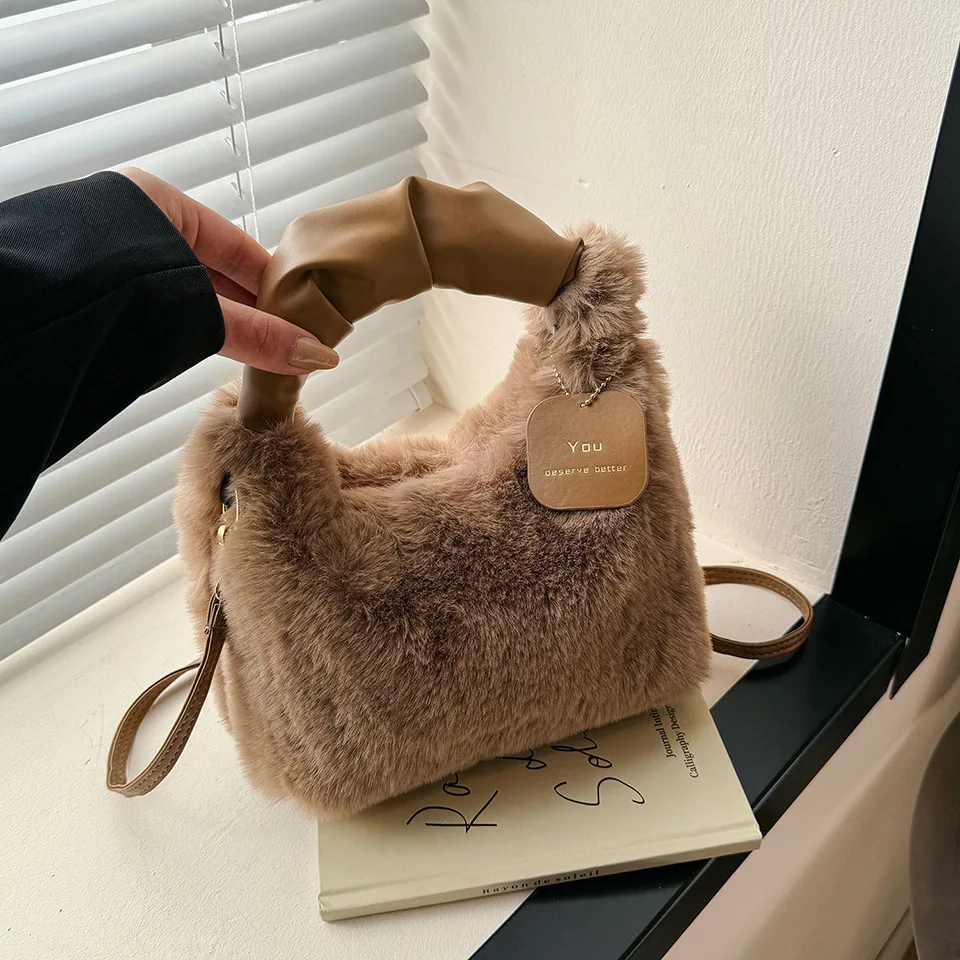Cute Fluffy Plush Hobo Tote Bag for Ladies, Fall Winter Fuzzy Crossbody Shoulder Bag,Versatile Daily Handbag for Shopping Dating