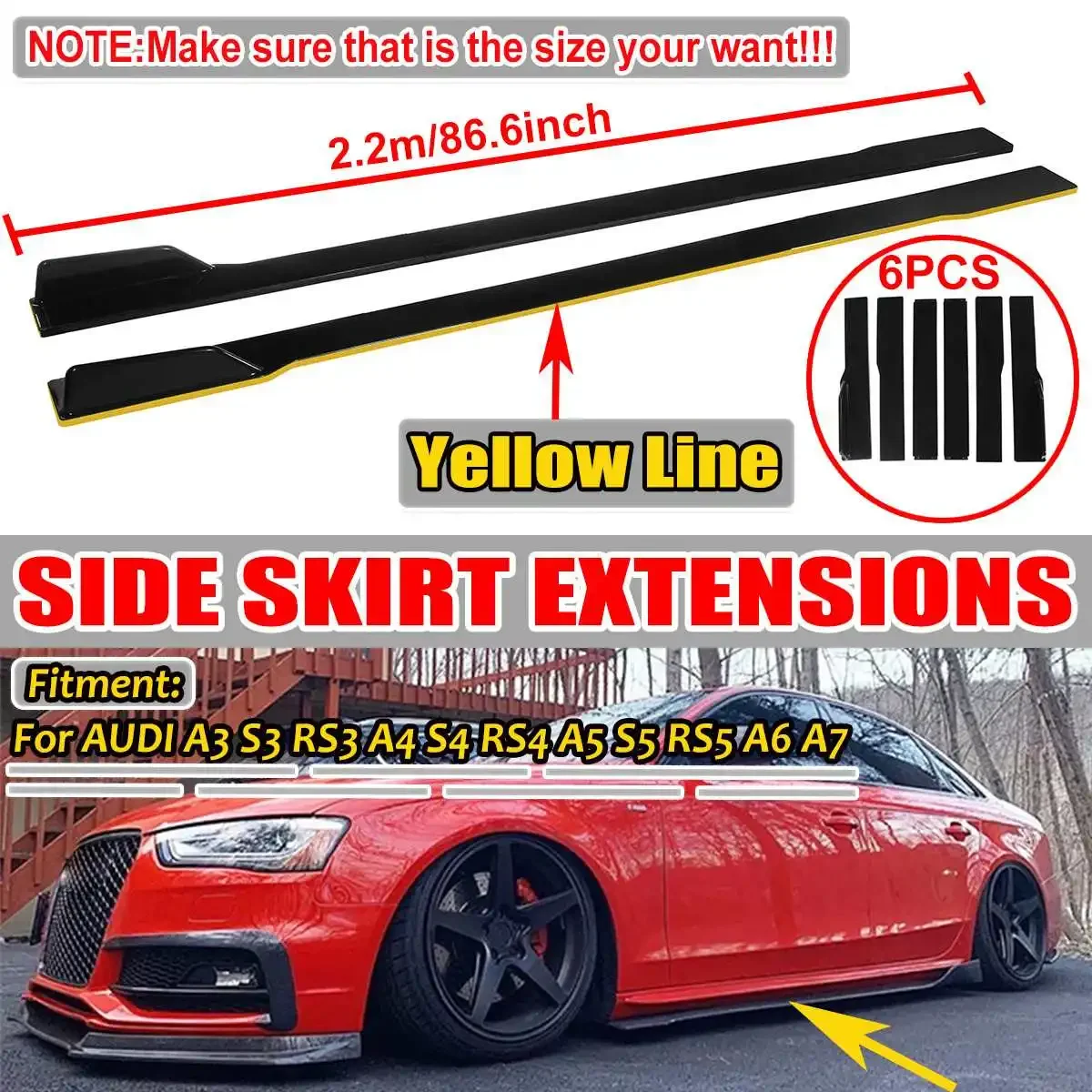 

2.2m Car Side Skirt For Cars Extensions Universal Lip Splitters Lip For AUDI A3 A4 A5 A6 A7 A7 A8 Q3 Q5 Q7 RS5 RS6 RS7 S3 S4 TT