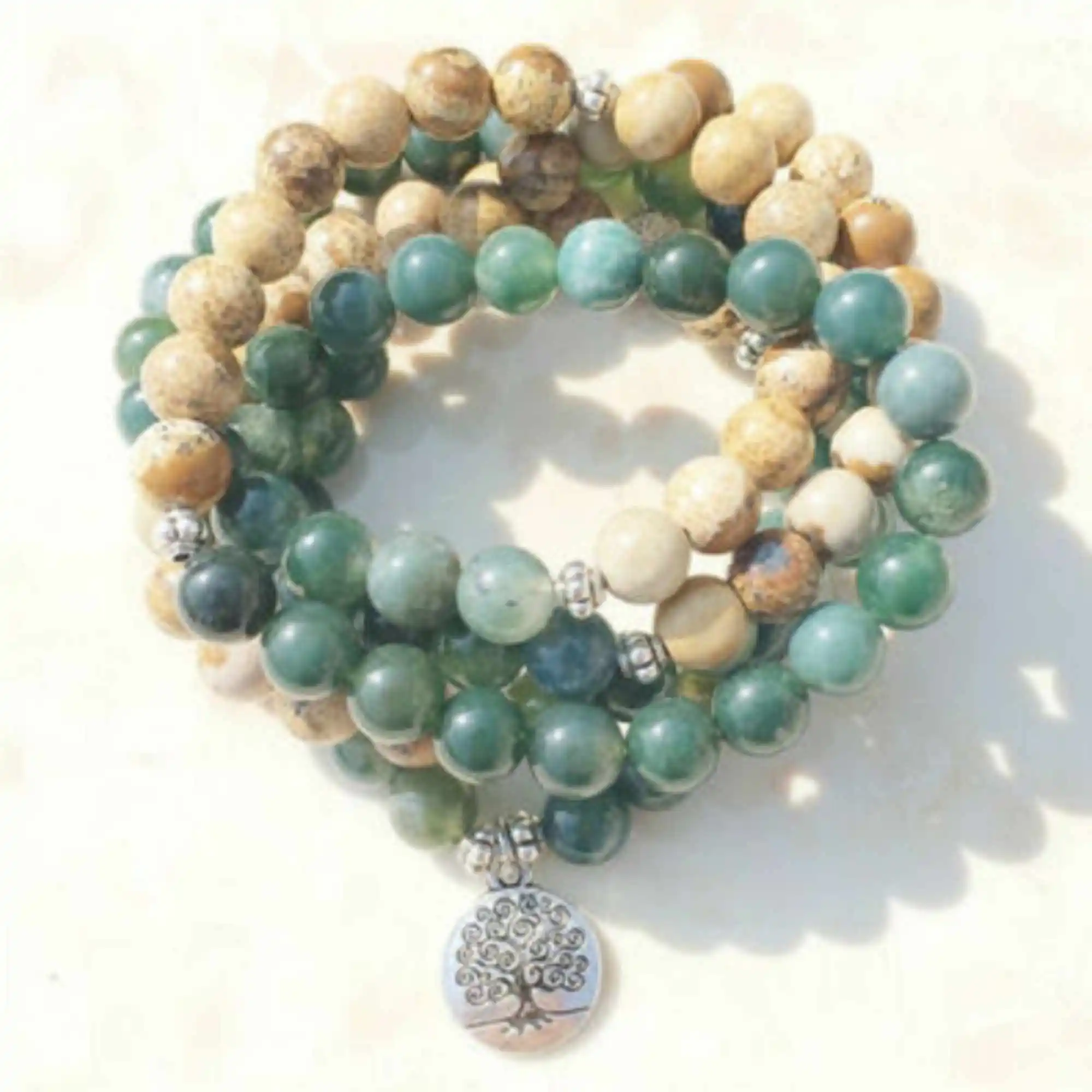 

6mm Green Jade Picture Stone Bracelet 108 Beads Life Tree Pendant Stackable Buddhist Cuff Health Prayer