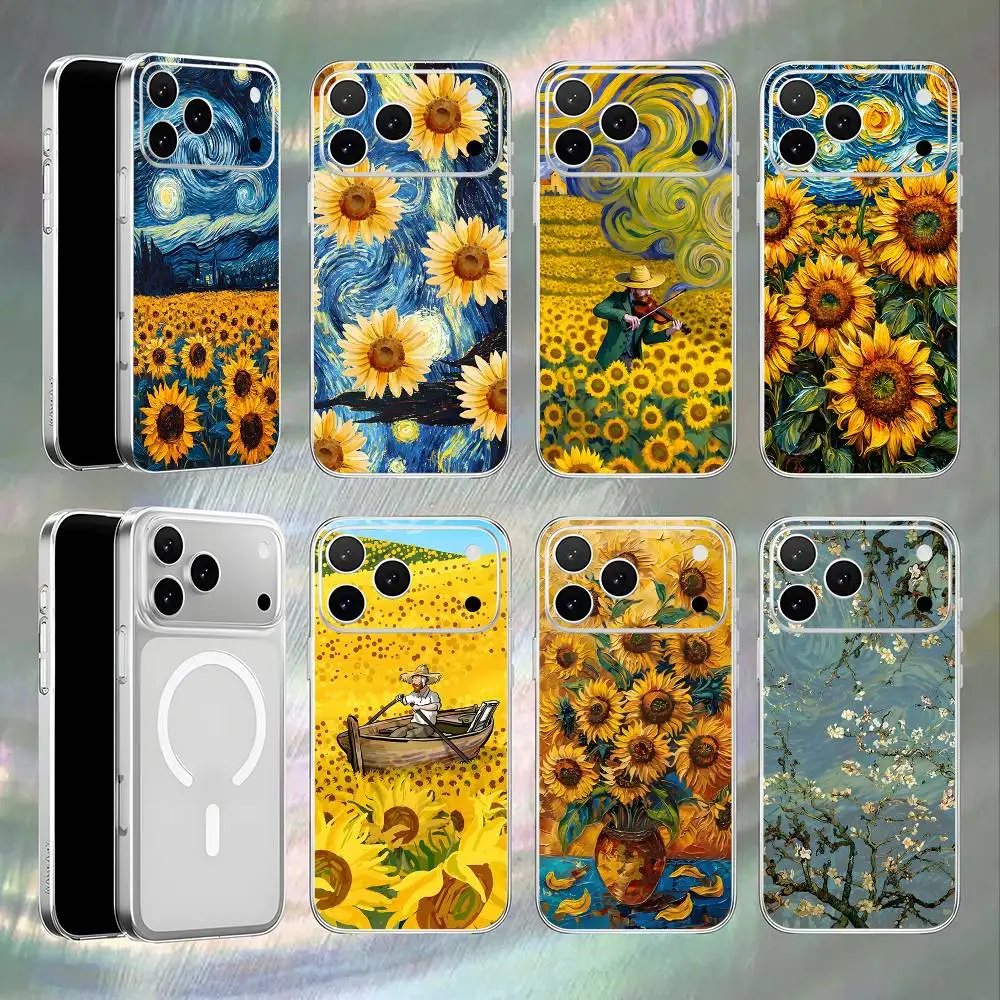 

Van Gogh Starry Sunflowers Magnetic Wireless Charging Transparent White Phone Case For iPhone 17,16,15,14,13,12,11,Pro,Max,Plus