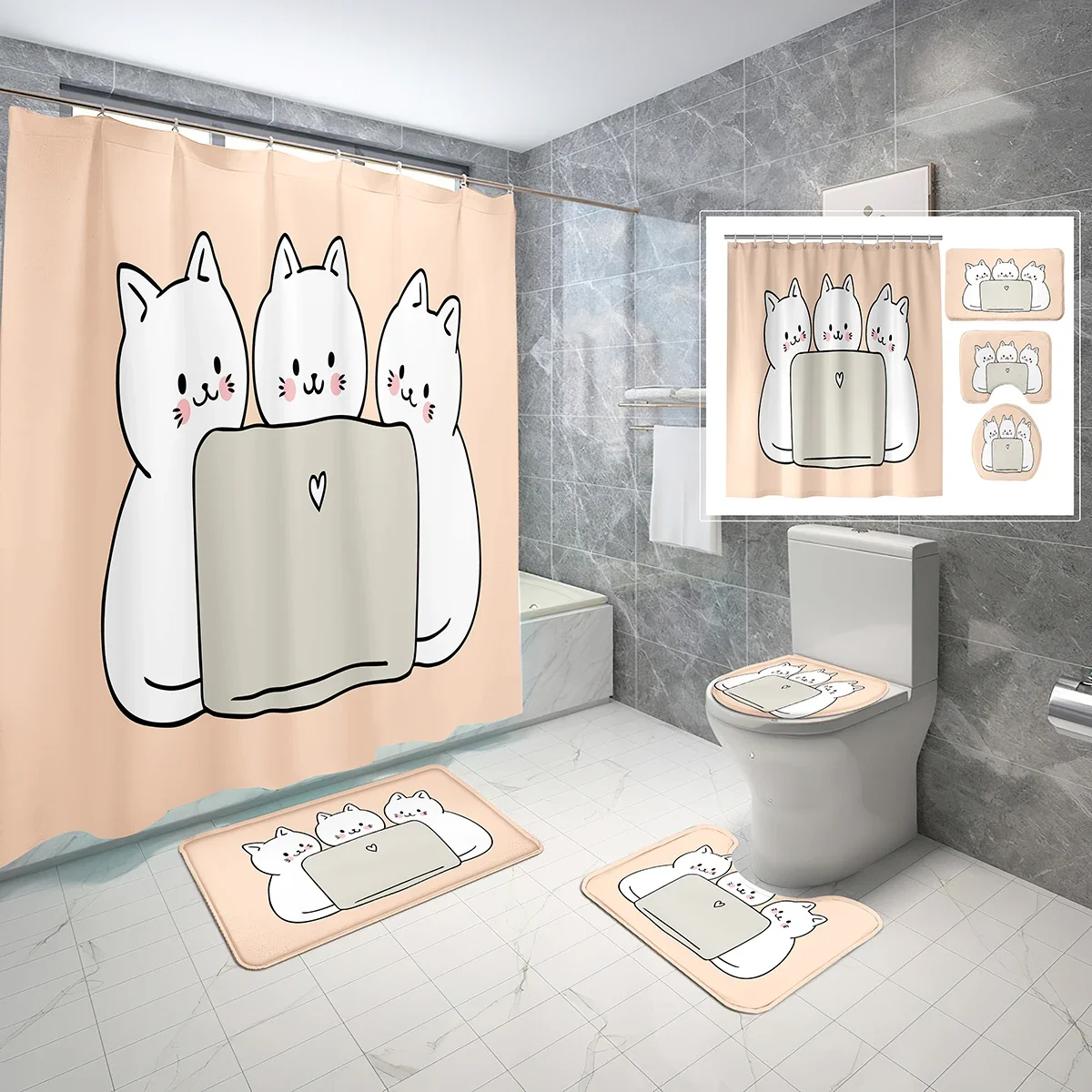 4 PCS/Set Cartoon Cat Shower Curtain Sets,Cute White Cats Playing Computer Bathroom Curtain,Toilet Lid Cover,Non-slip Bath Rugs