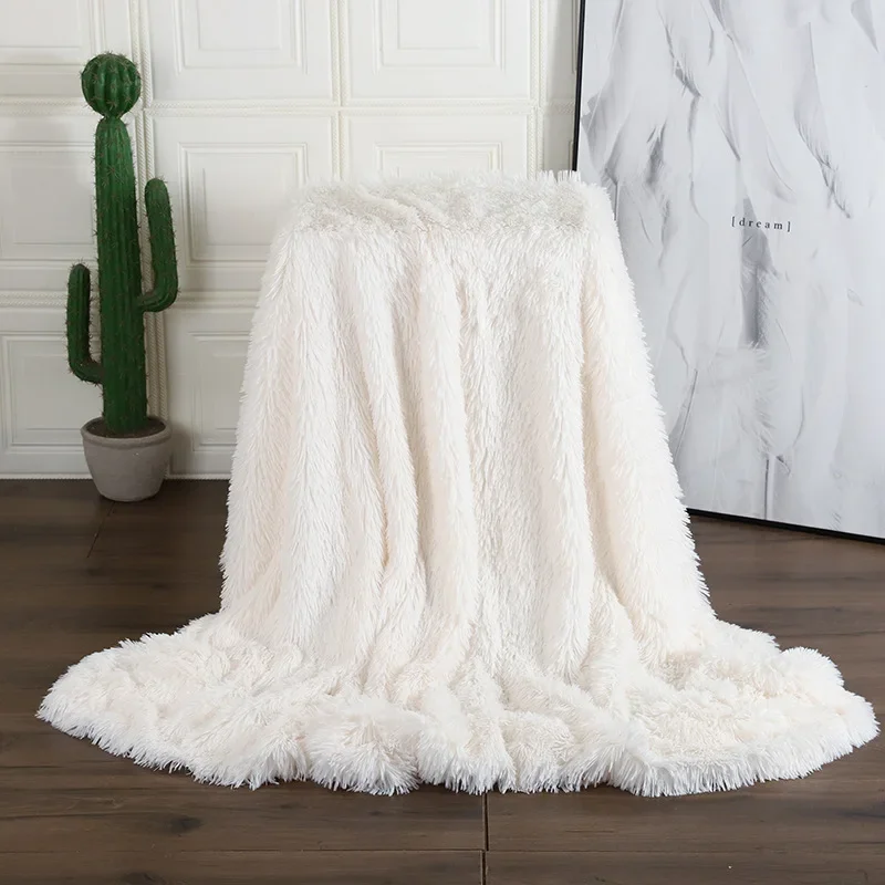 2023 New Super Soft Warm Fur Blanket Fluffy Shaggy Sofa Blankets Bed Bedspread Beige White Warm Bedding Sheet Cozy Blanket