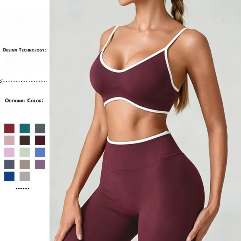 Workout Gym Color Block Seamless Shockproof Sports Bra Summer Breathable Simple Solid Color European American Yoga Fitness Bra