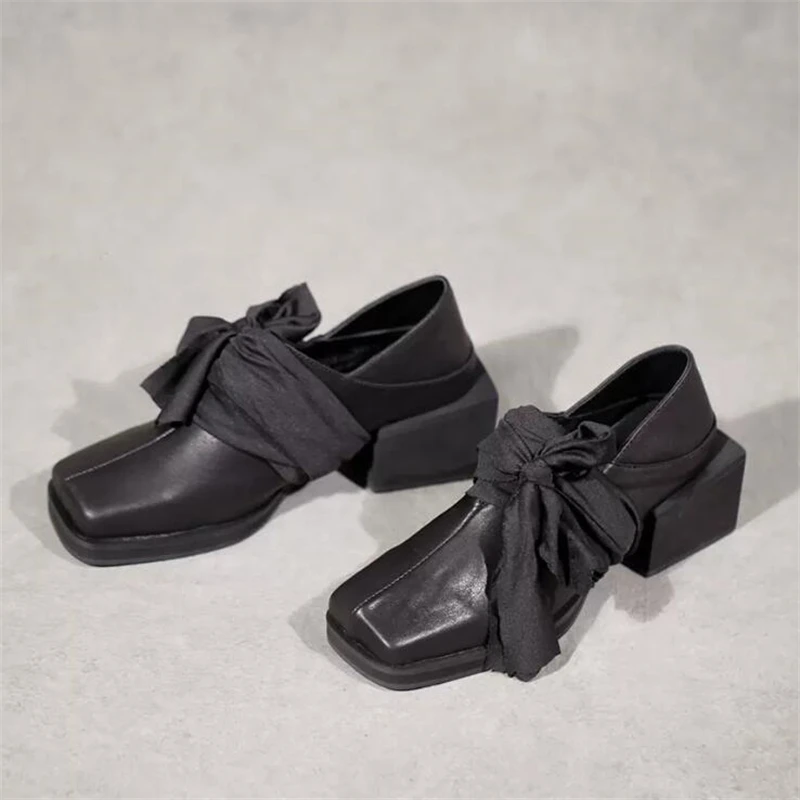 

New Fashion Fashion Genuine Leather Black Retro Square Heeled Leather Shoes Women Strappy Loafers Two Wear Thick Bottom Shoes