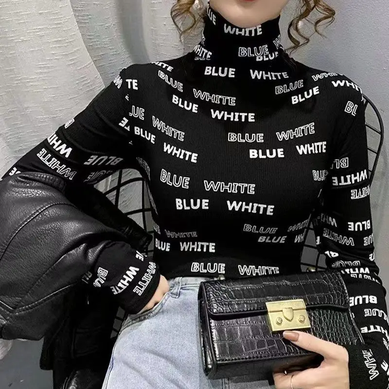 Women's Fashion Underlay Autumn and Winter New High Collar Printed Letter Long Sleeved Bodycon All-match Pullover T-shirt Tops