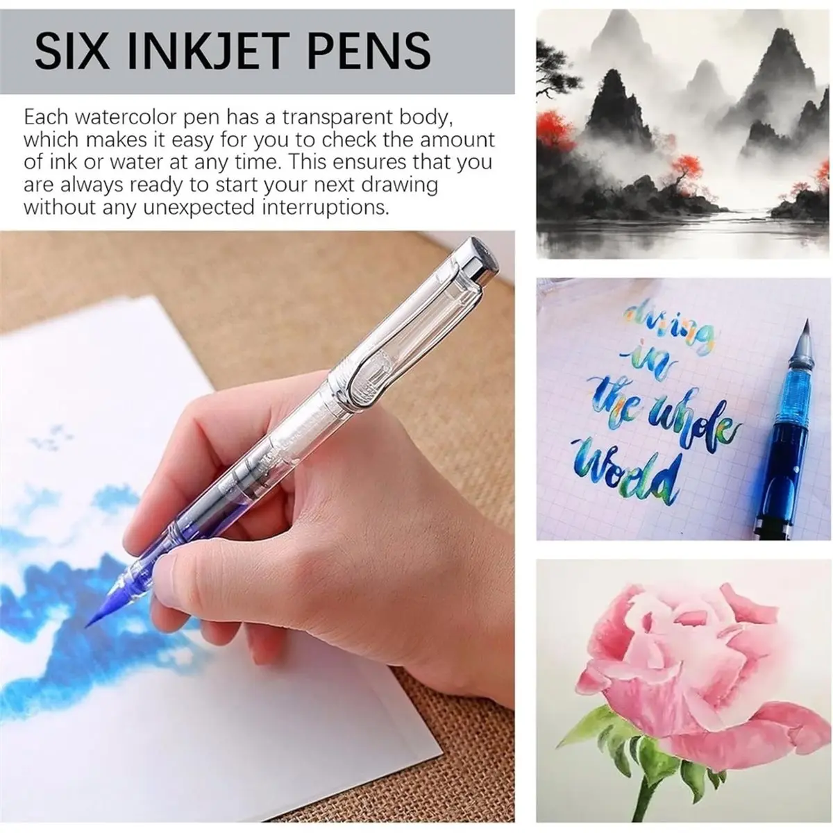 6 Pcs Water Brush Pen Set - Refillable Fountain Brush Pens for Watercolor Calligraphy Painting Drawing Scrapbooking