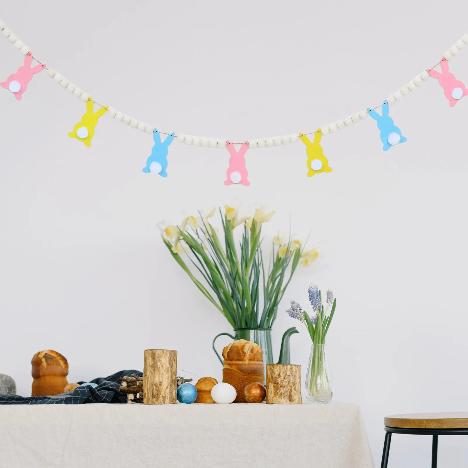 Wood Bunny Bead Banner Easter Hanging Decoration Rustic Spring Wall Decor Indoor Outdoor Party Easter Day Banner