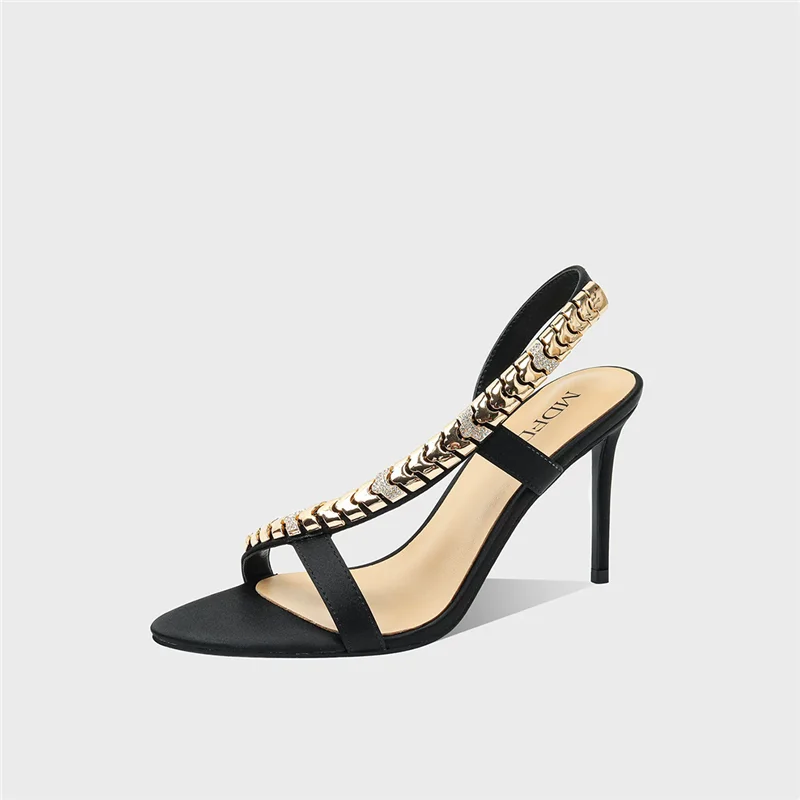 Summer new round toe exposed toe satin metal rhinestone chain temperament sandals banquet dress slim heels high heels women shoe