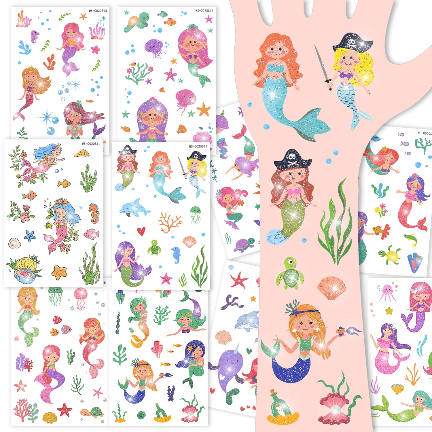 10Pcs Glitter Mermaid Temporary Tattoo Stickers Starfish Seashell Dolphin Turtle Seahorse Tattoos for Summer Beach Body Art Deco