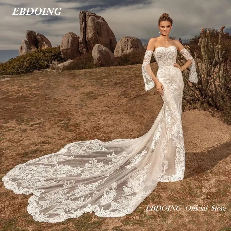 Il più nuovo abito da sposa in pizzo a sirena per la sposa senza spalline con maniche staccabili elegante su misura taglie forti Vestidos De Novias