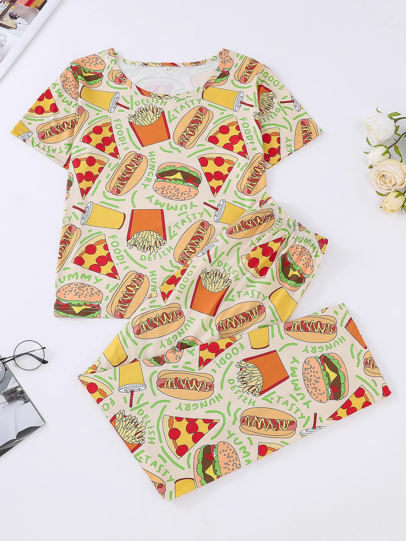 hamburger pizza fries drink print pajama set pullover short-sleeved top and loose trousers women\'s loungewear