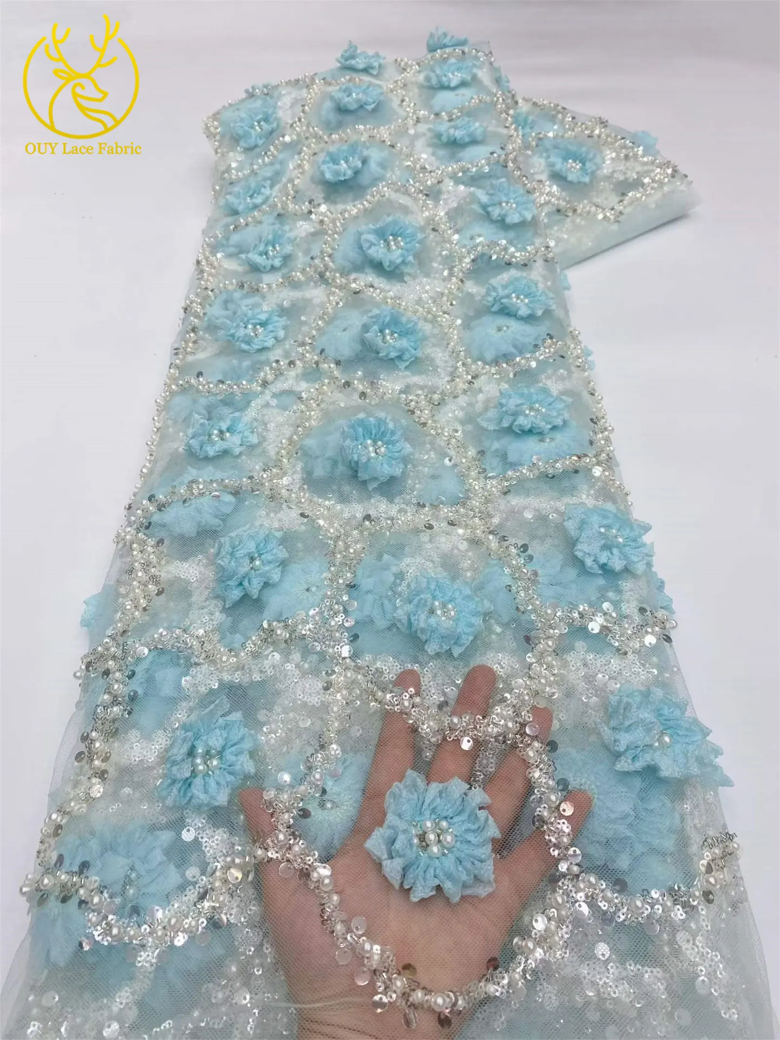 Elegantes Abendkleid 3D-Blumen-Spitzenstoff Afrikanischer Pailletten-Perlen-Spitzenstoff Hochwertiger Nigerianischer Französischer Tüll-Spitzenstoff – Detail 7