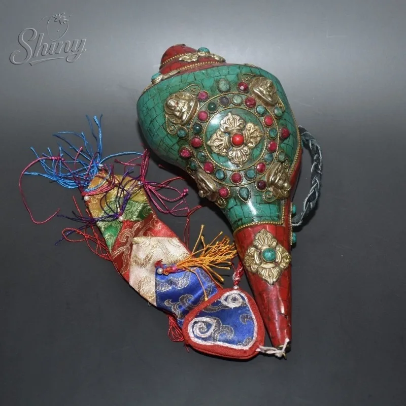 Vintage Tibetan Conch Shell Trumpet Gemstone Inlay Buddhist Ritual Horn with Silk Tassel Antique Religious Ornament Home Decor