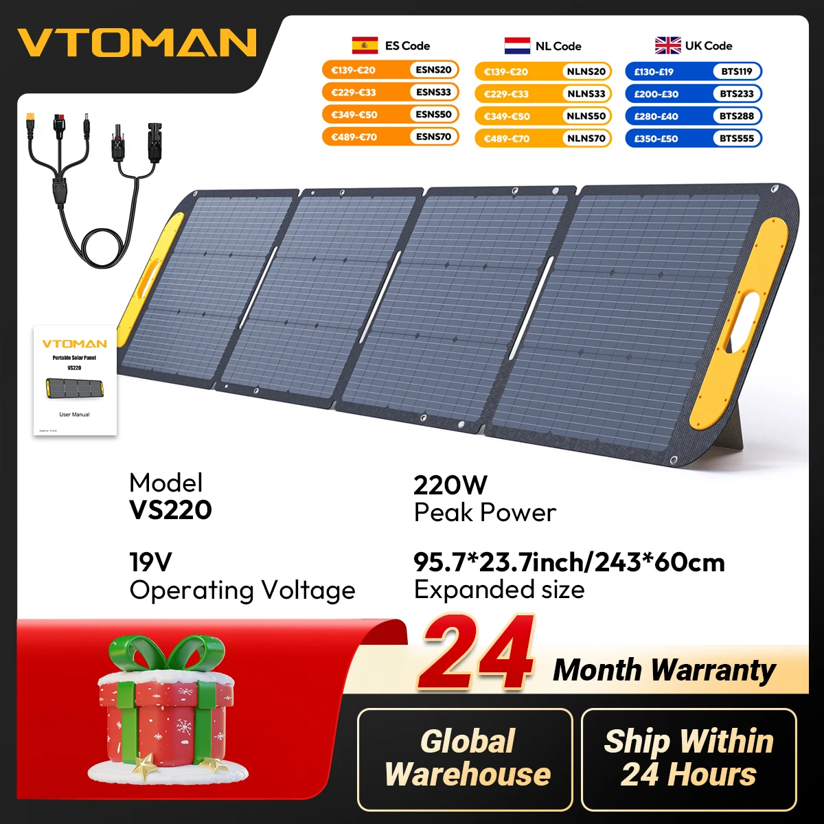 VTOMAN VS200 Pannello Solare Portatile 200W 19V, Generatore Solare Ricaricabile per Esterni, Alta Efficienza, Completo per Casa e Campeggio