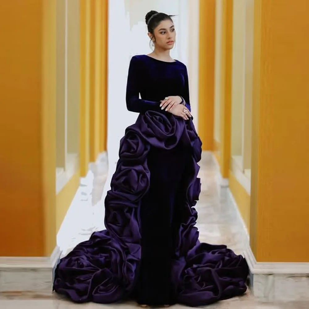 Elegant Dark Purple Bloom Velvet Long Formal Dress With 3D Handmade Flower Detacahble Train Muslim Long Porm Gowns