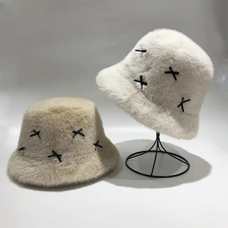 2024 Winter New Bow Bucket Hat for Women Faux Fox Fur Warm Windproof Fluzzy Fashion Panama Female Cute Versatile Fisherman Cap