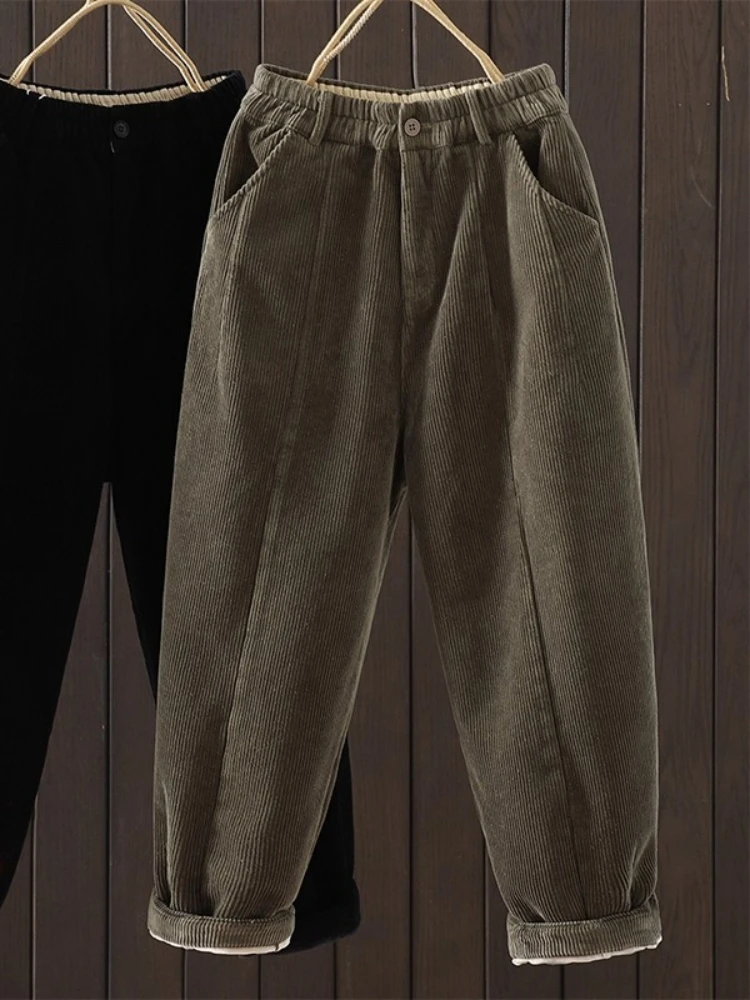 

Winter New Elastic Waist Thickened Solid Color Corduroy Pants Women's Warm Casual Fashion Retro Cotton Trousers
