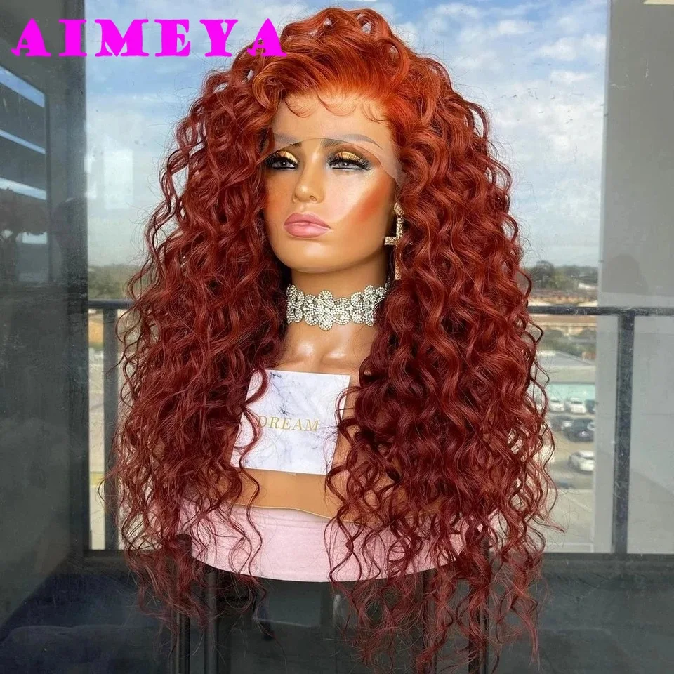 Copper Red Curly Wig Long Deep Wave Synthetic Lace Front Wig for Women 13x4 Natural Hairline Daily Use Cosplay Wig Glueless