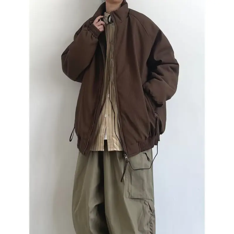 Men's Loose Fit Cotton Jacket Autumn Winter Warmth Stand Collar Breadth Sleeve Pocket Design Thickened Polyester Fiber Coat